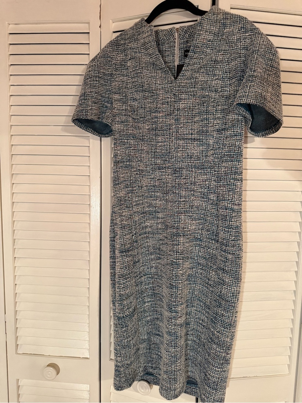 Halston Heritage Blue and White Tweed Midi Shift Dress